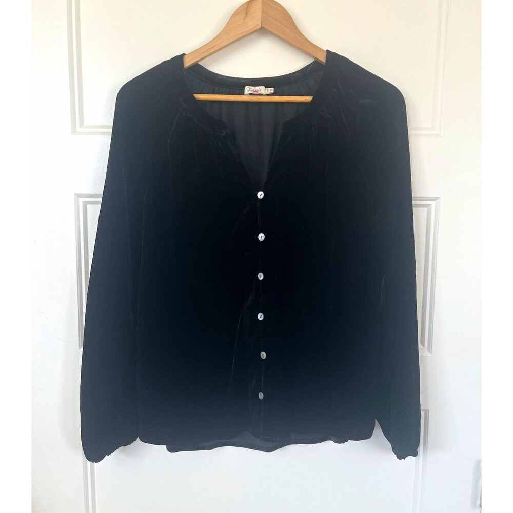 Faherty Naomi Velvet Top Blouse Womens Medium Black Stretch Silk Blend Button Up